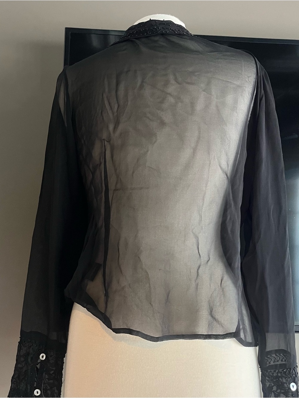 ECI Chiffon Sheer Black Beaded Long-Sleeve Women's Top - Picture 4 of 7